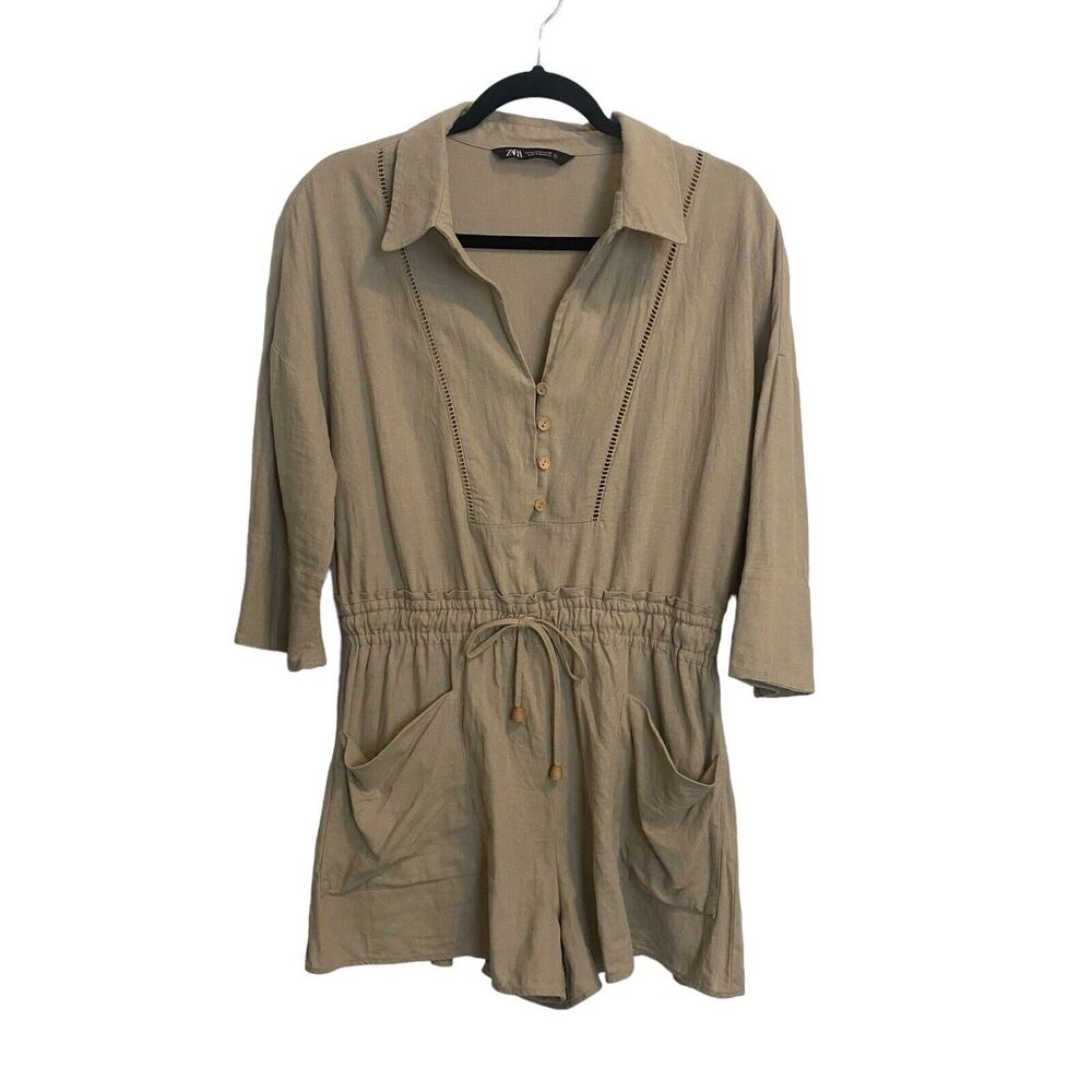 Zara Romper Jumper Sz M Linen Blend Oversized Minimalist Travel Clean Girl